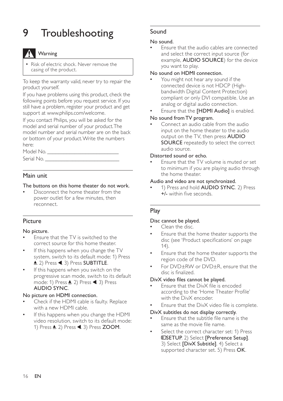 9 troubleshooting | Philips HTS3540/51 User Manual | Page 18 / 20