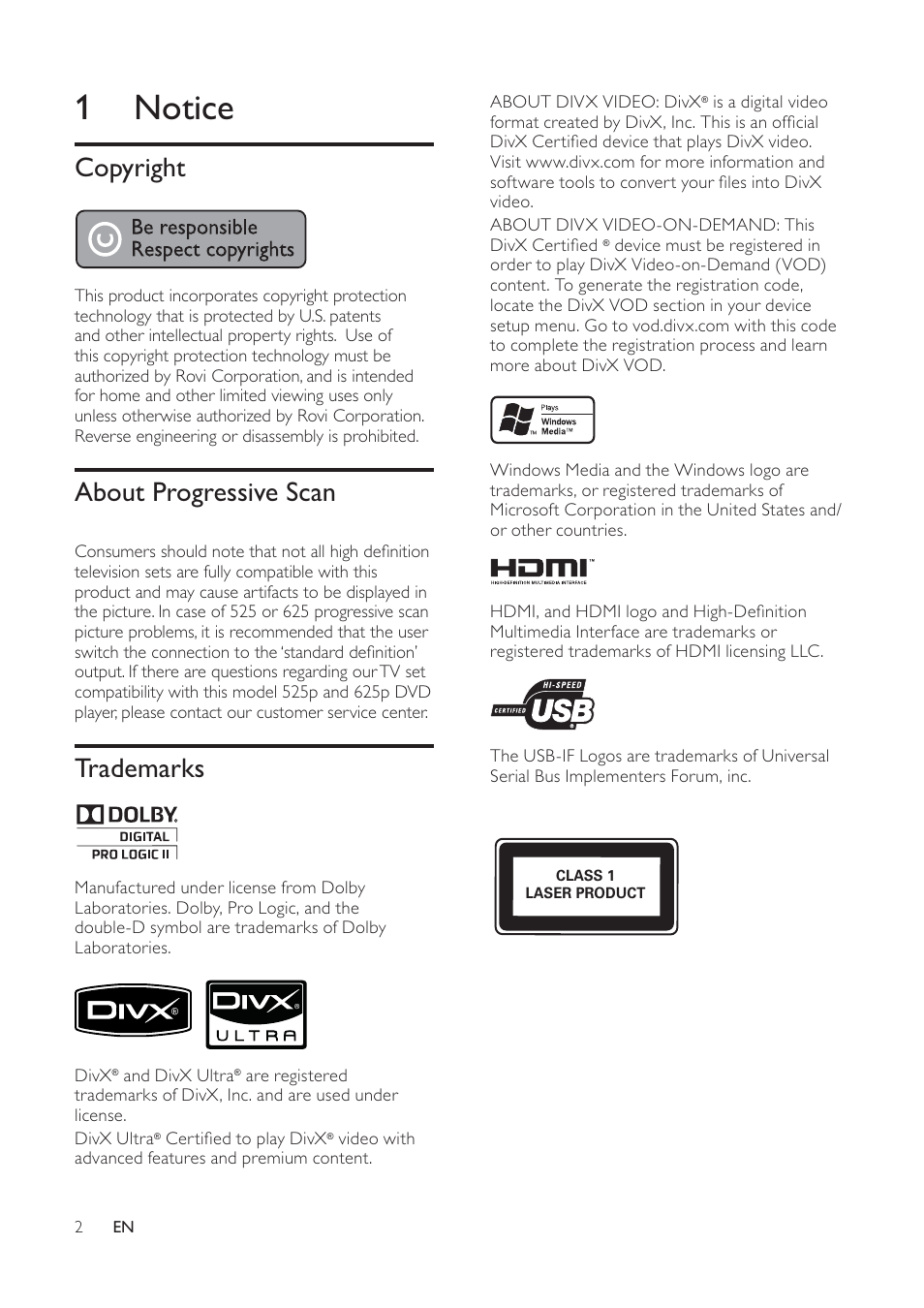 1 notice, Copyright, About progressive scan | Trademarks | Philips HTS3540/51 User Manual | Page 4 / 20