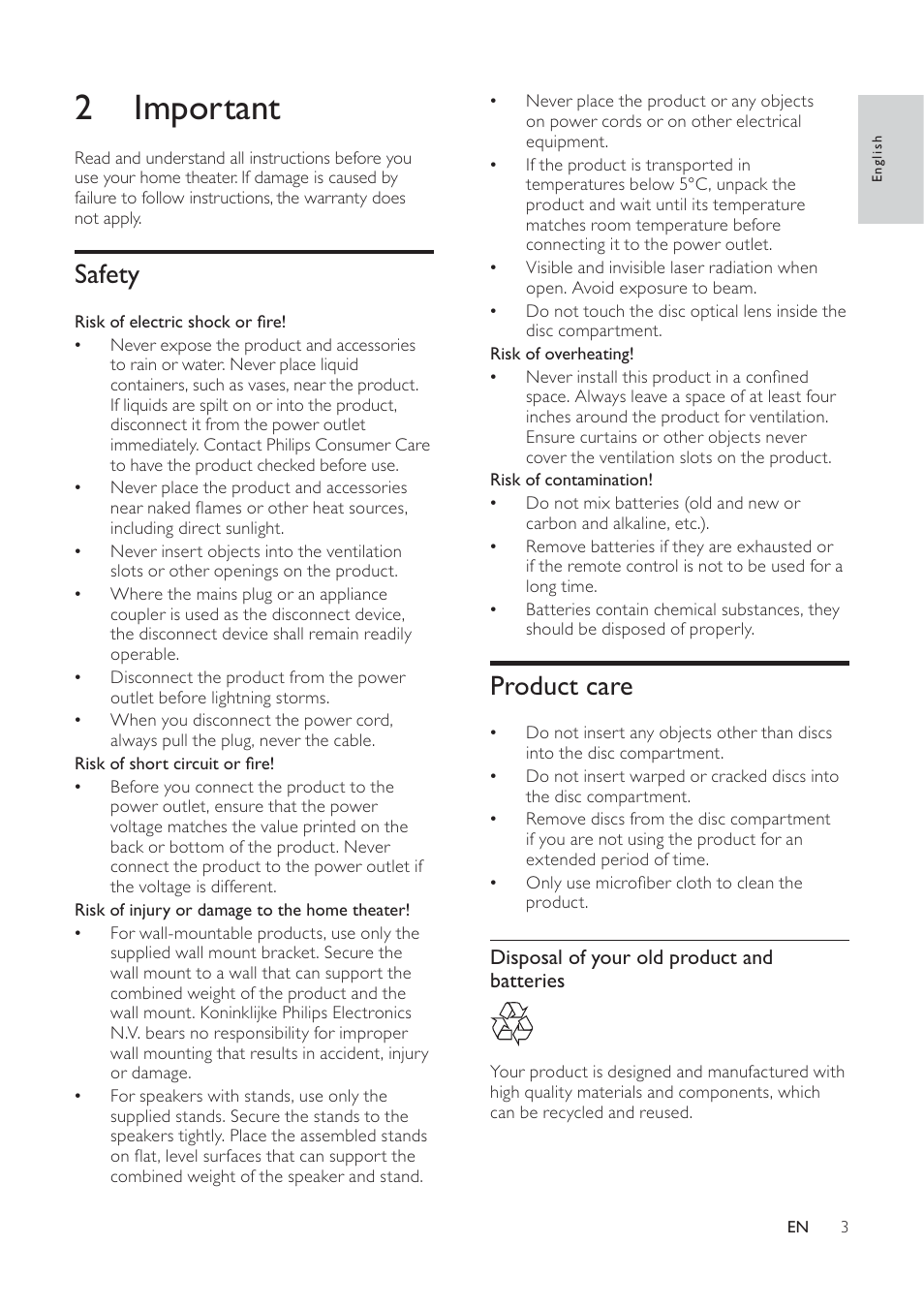 2 important, Product care, Safety | Philips HTS3540/51 User Manual | Page 5 / 20