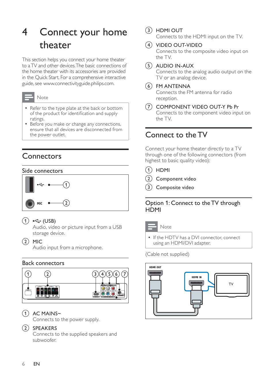 4 connect your home theater, Connect to the tv, Connectors | Philips HTS3540/51 User Manual | Page 8 / 20