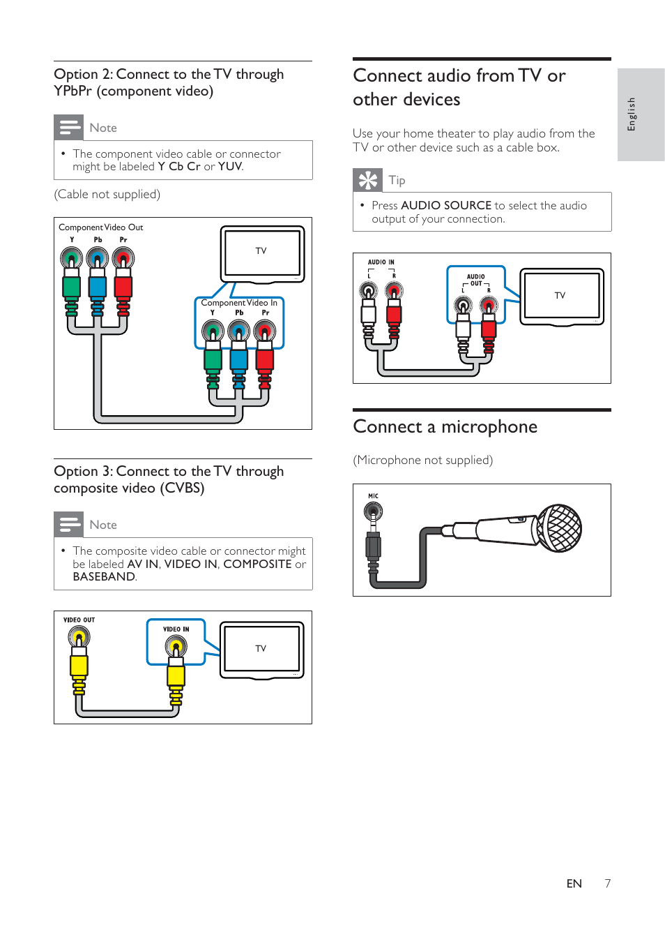 Connect audio from tv or other devices, Connect a microphone | Philips HTS3540/51 User Manual | Page 9 / 20