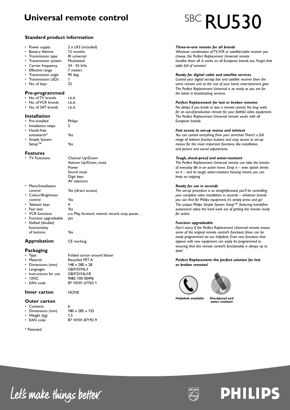 Ru530, Universal remote control | Philips SBC RU530 User Manual | Page 2 / 2