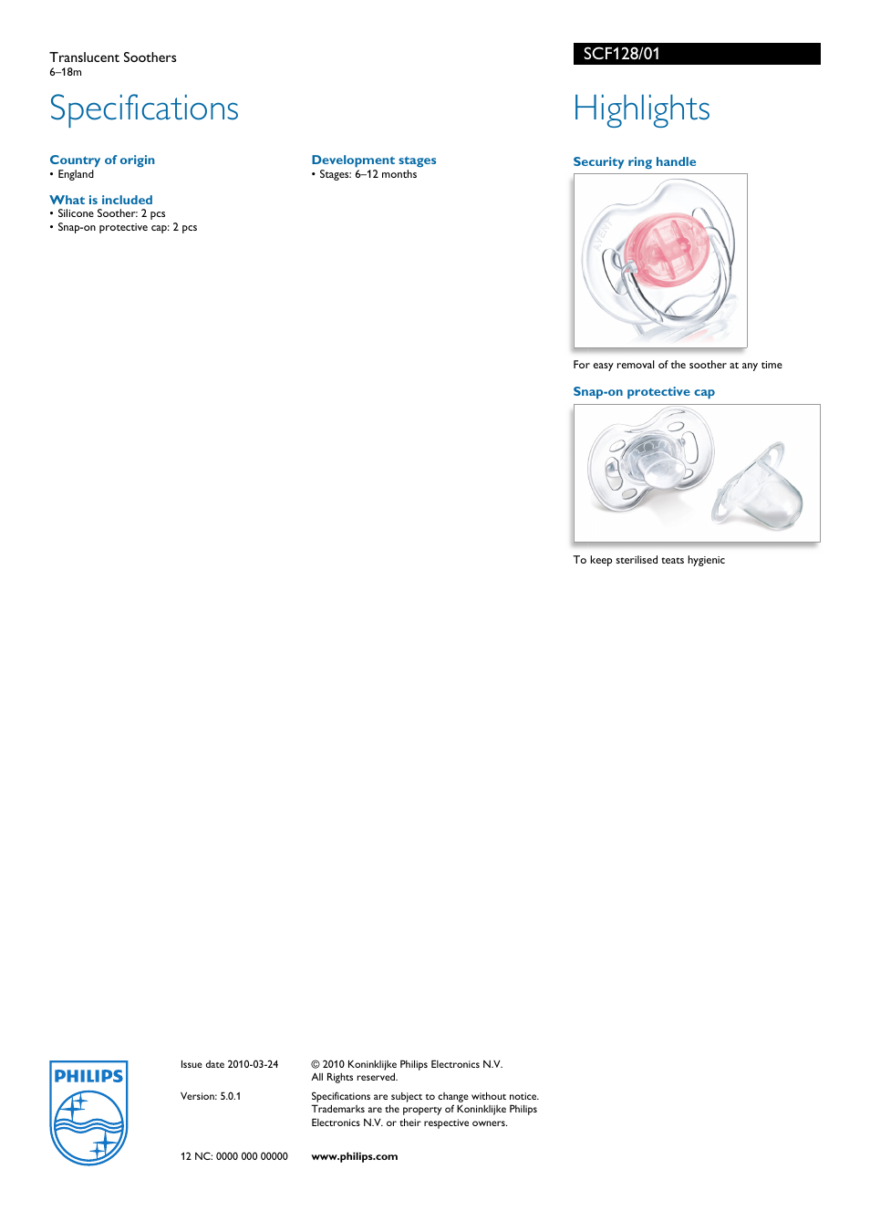 Specifications, Highlights | Philips AVENT SCF128/01 User Manual | Page 2 / 2