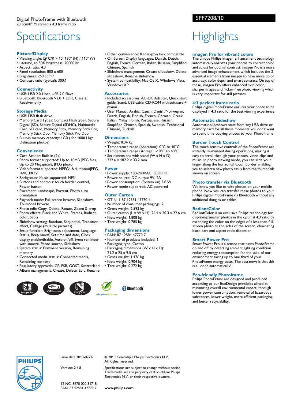 Specifications, Highlights | Philips SPF7208/10 User Manual | Page 2 / 2