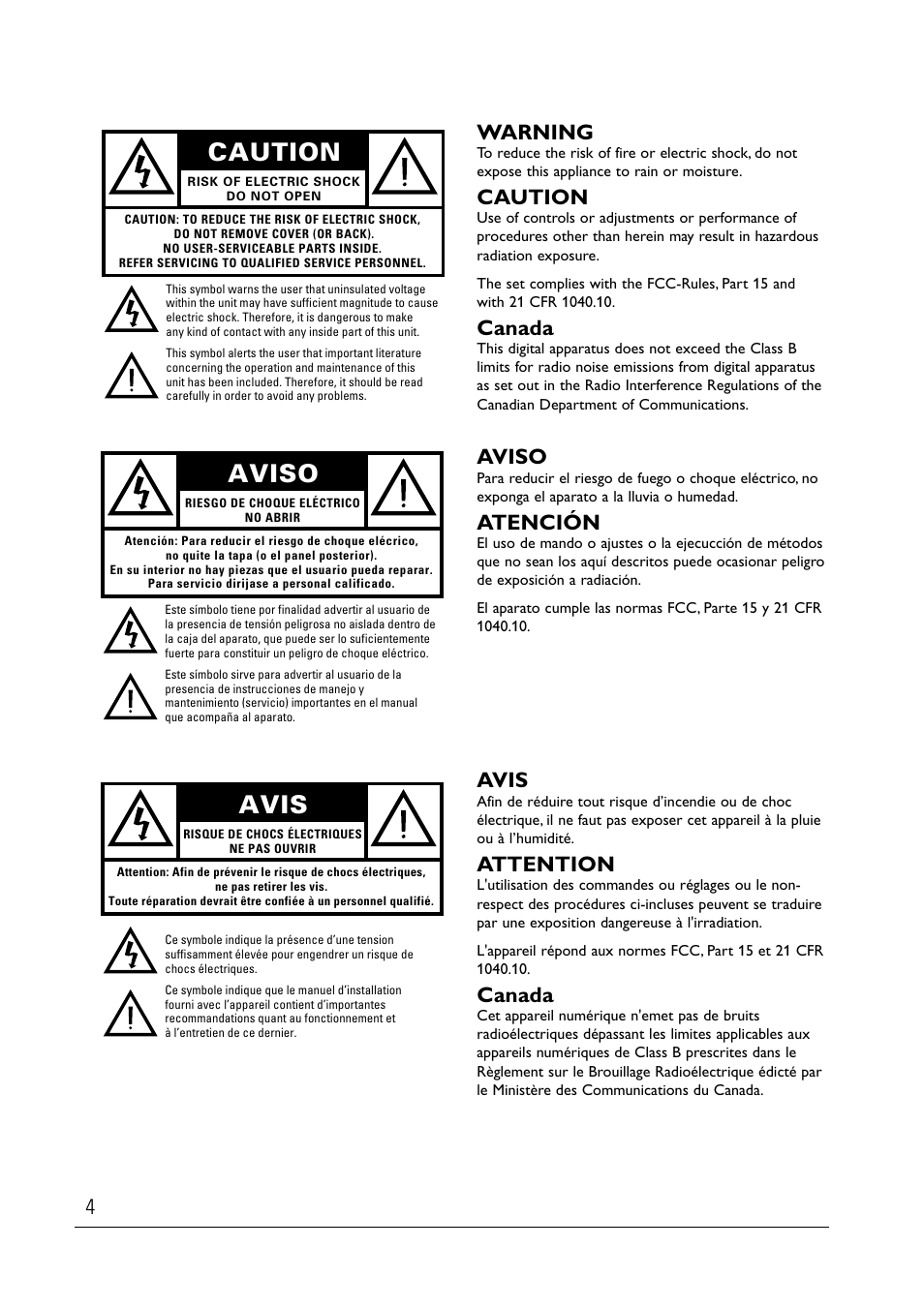 Caution, Avis, Aviso | Warning, Canada, Attention, Atención | Philips DVD940 User Manual | Page 4 / 37