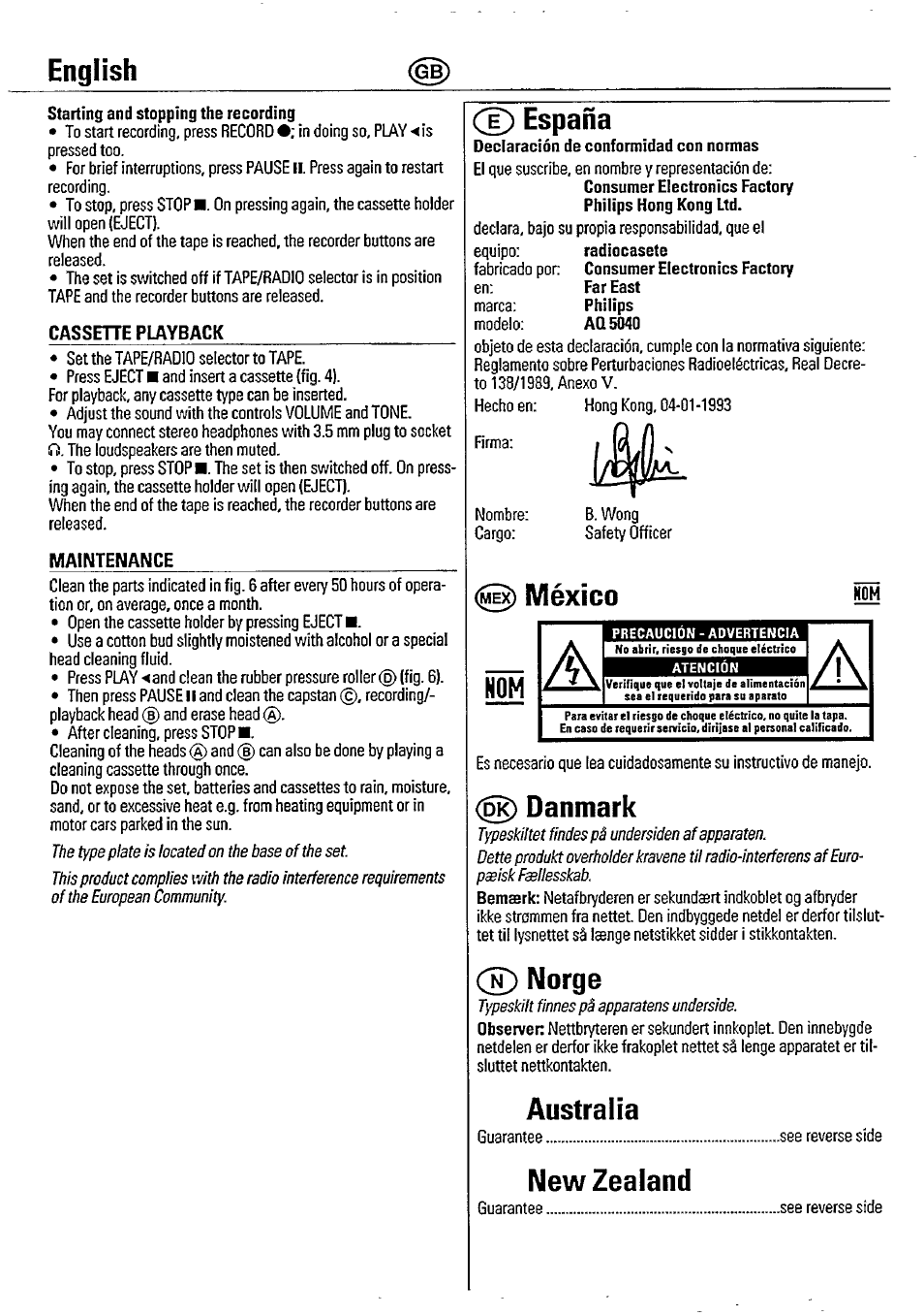 English, Cassehe playback, Maintenance | Cd españa, 0) méxico, Danmark, D) norge, Australia, New zealand | Philips AQ 5040 User Manual | Page 3 / 5