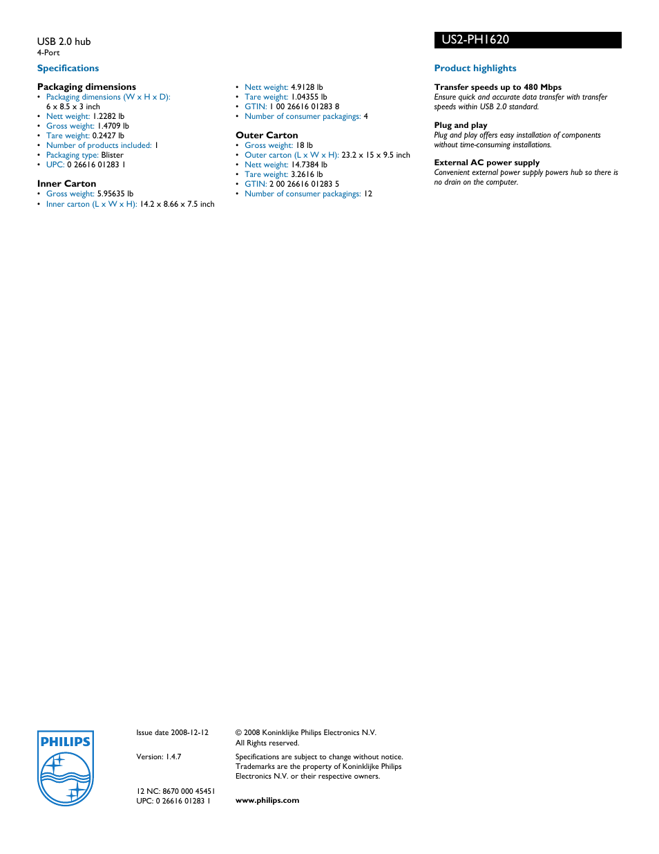 Philips US2-PH1620 User Manual | Page 2 / 2