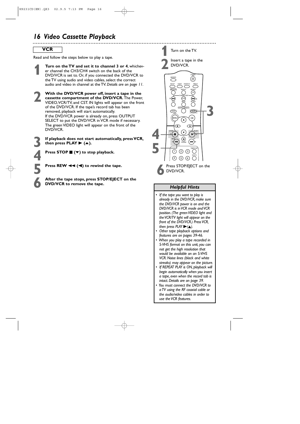 16 video cassette playback | Philips DVD741VR User Manual | Page 16 / 80