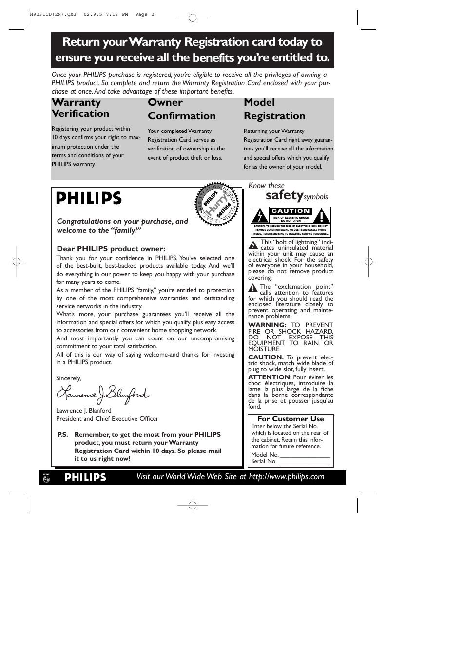 Safety, Warranty verification, Owner confirmation | Model registration, Hurry, Know these, Symbols | Philips DVD741VR User Manual | Page 2 / 80