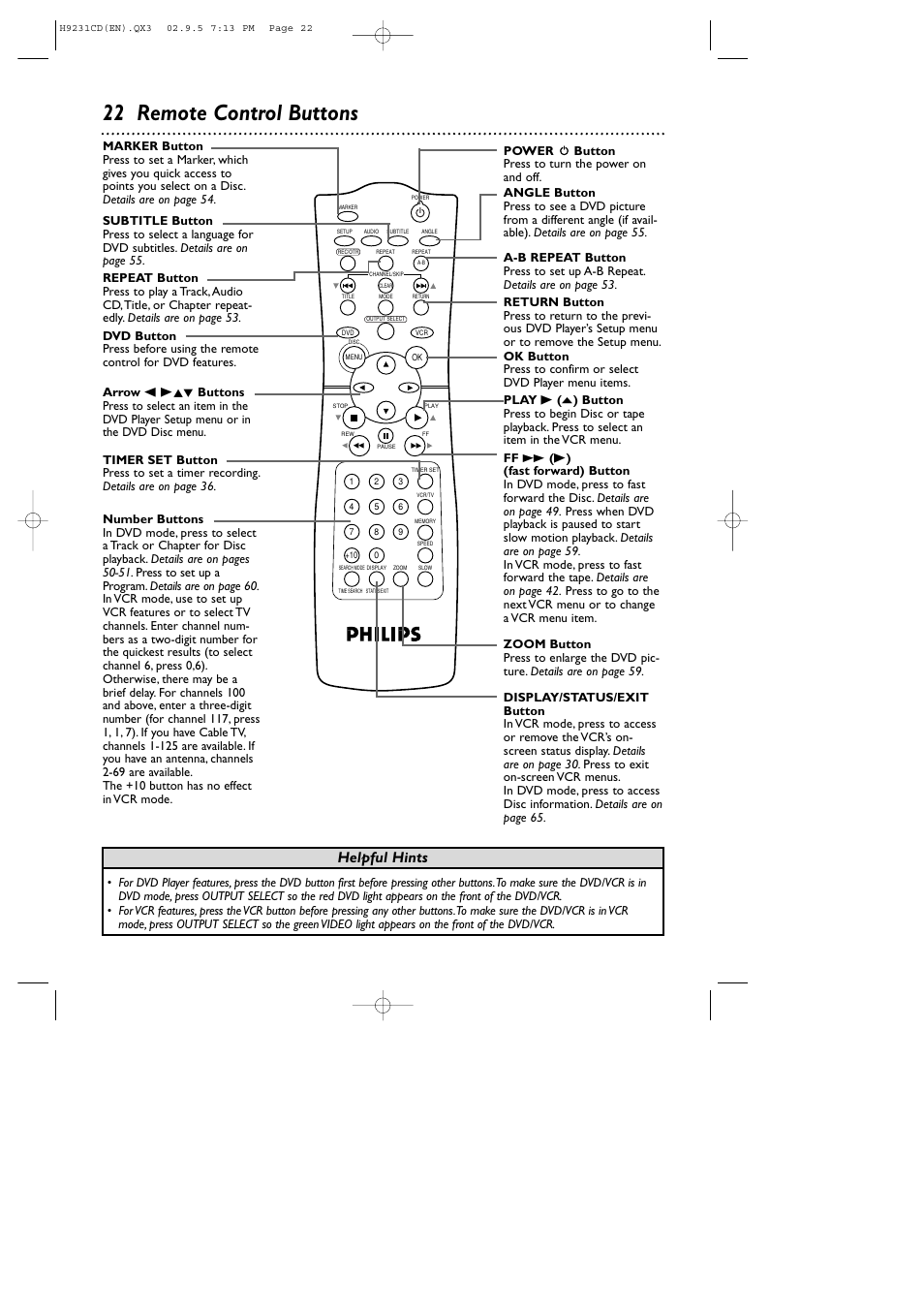 22 remote control buttons, Helpful hints | Philips DVD741VR User Manual | Page 22 / 80