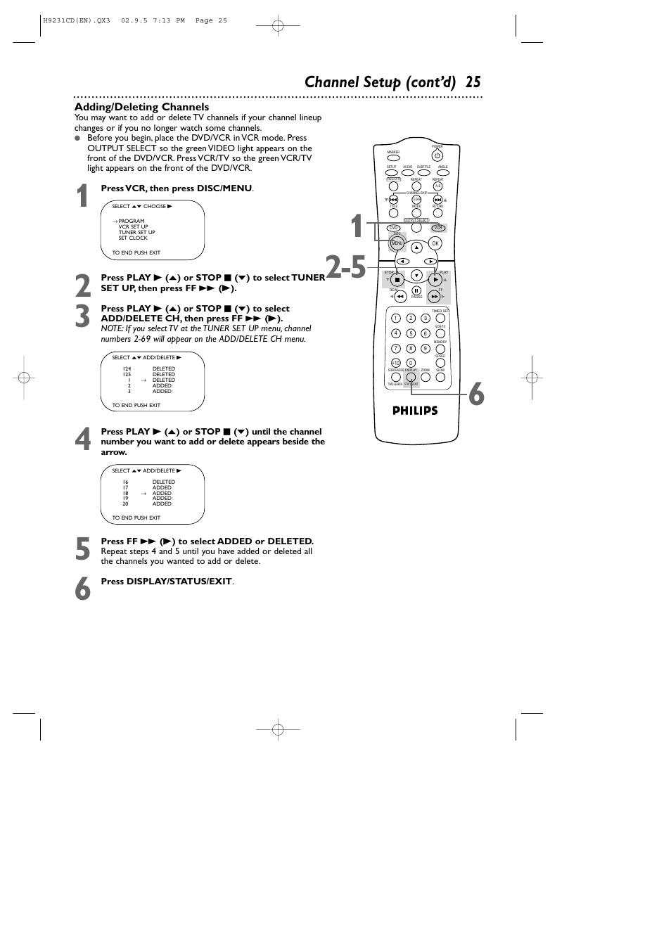 Channel setup (cont’d) 25, Adding/deleting channels | Philips DVD741VR User Manual | Page 25 / 80