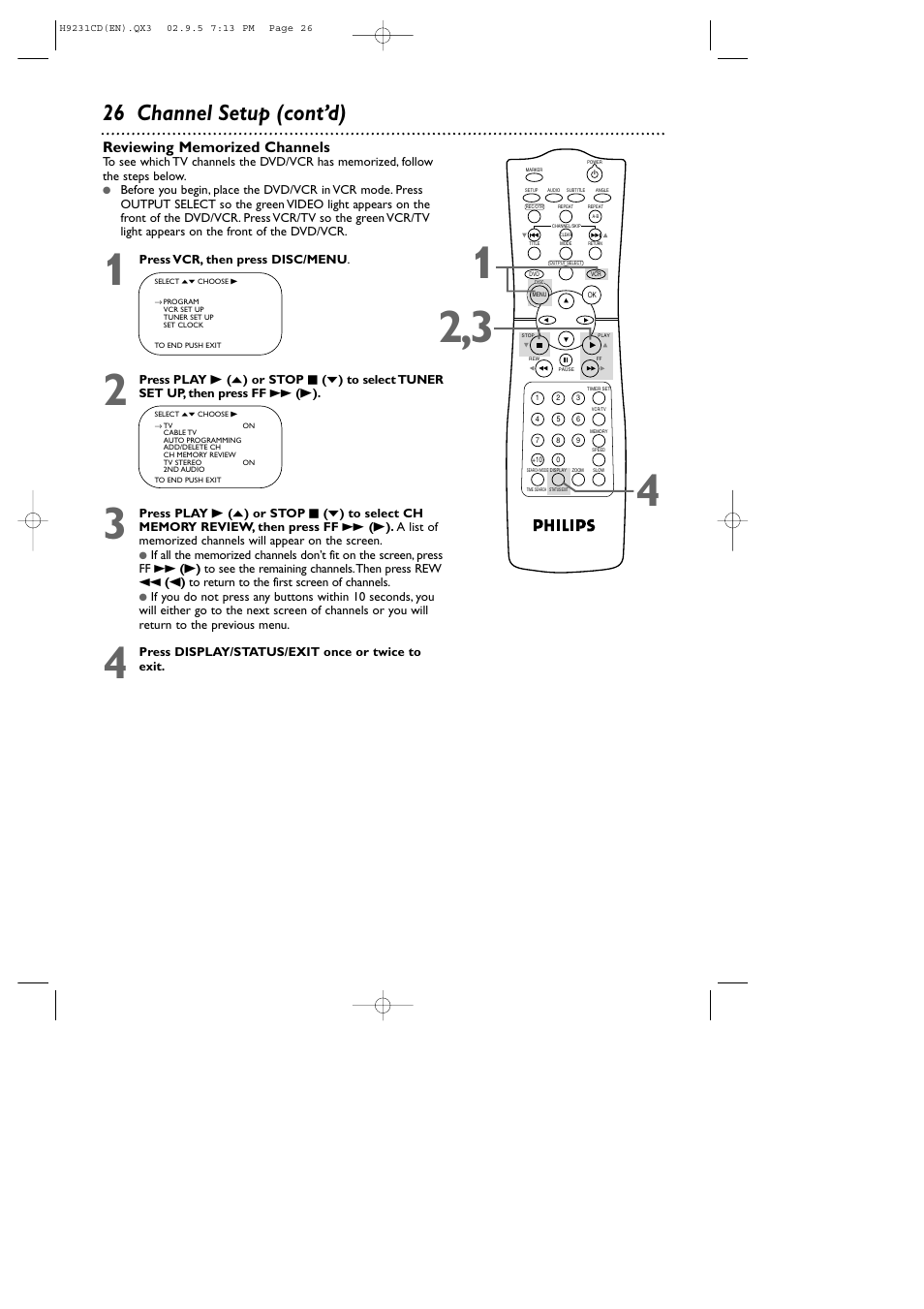 26 channel setup (cont’d) | Philips DVD741VR User Manual | Page 26 / 80