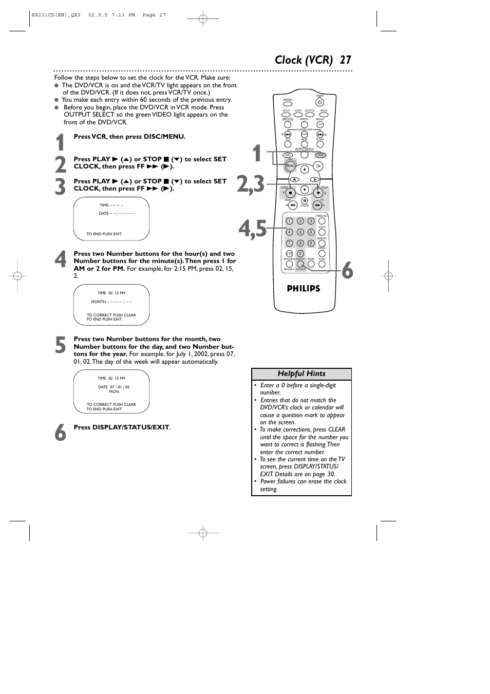 Clock (vcr) 27 | Philips DVD741VR User Manual | Page 27 / 80