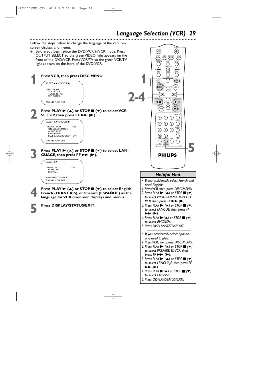 Language selection (vcr) 29, Helpful hint | Philips DVD741VR User Manual | Page 29 / 80