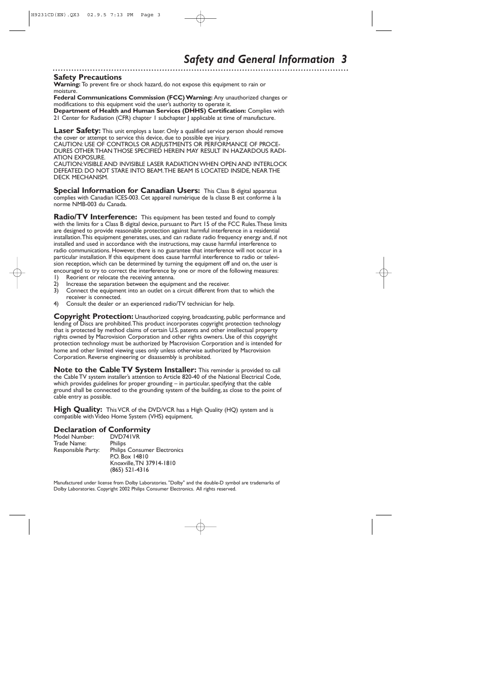 Safety and general information 3 | Philips DVD741VR User Manual | Page 3 / 80