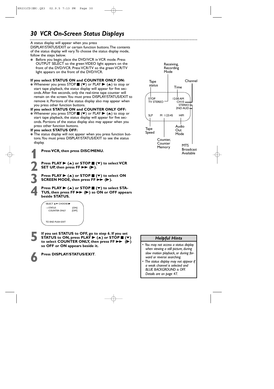 30 vcr on-screen status displays | Philips DVD741VR User Manual | Page 30 / 80