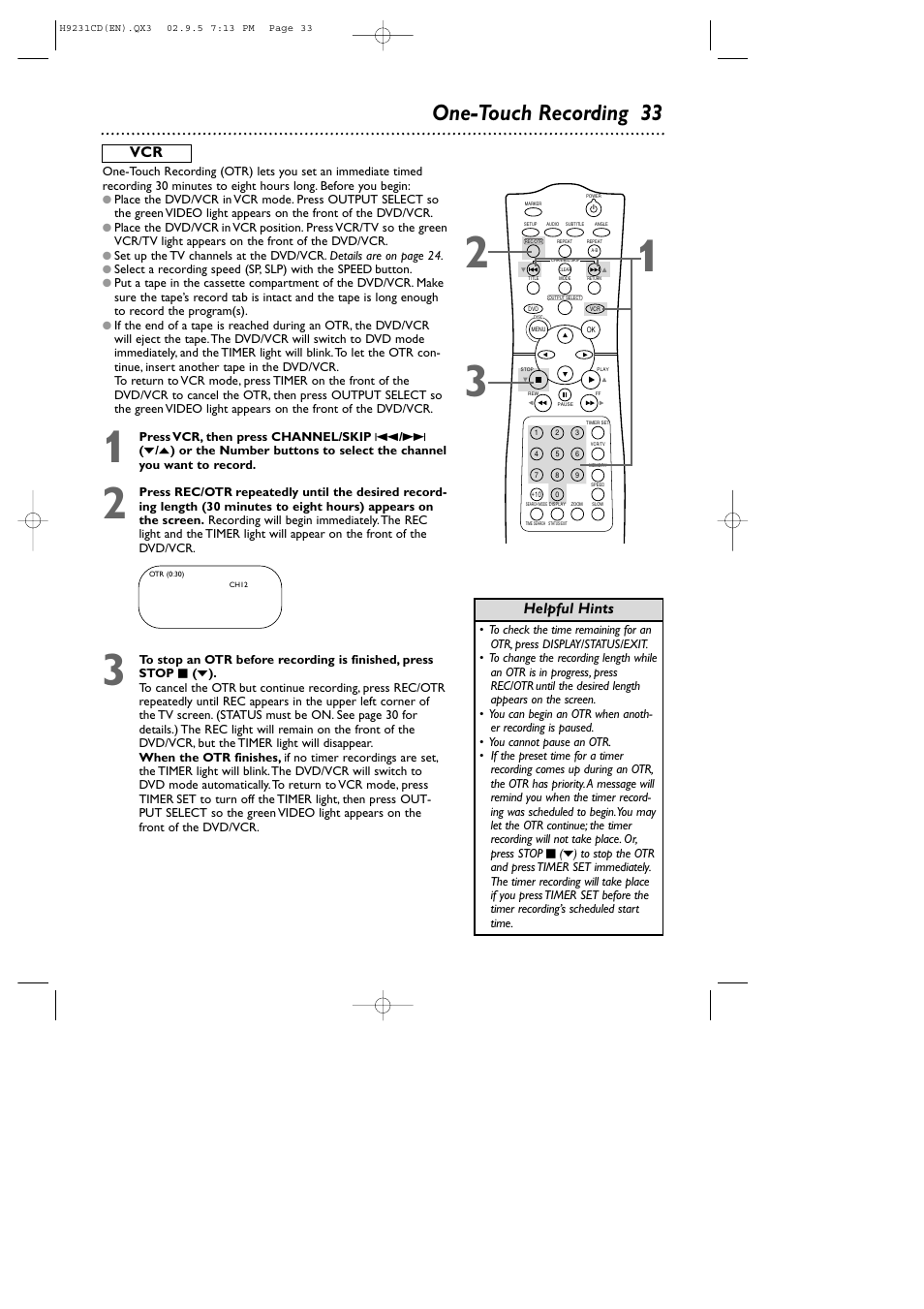 One-touch recording 33, Helpful hints | Philips DVD741VR User Manual | Page 33 / 80