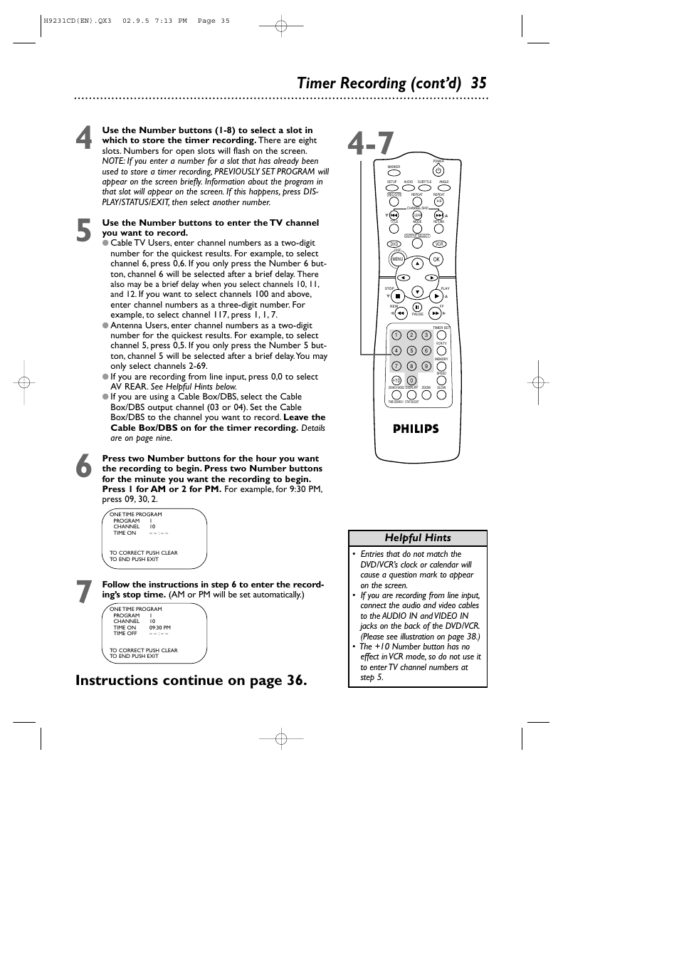 Timer recording (cont’d) 35, Instructions continue on page 36, Helpful hints | Philips DVD741VR User Manual | Page 35 / 80