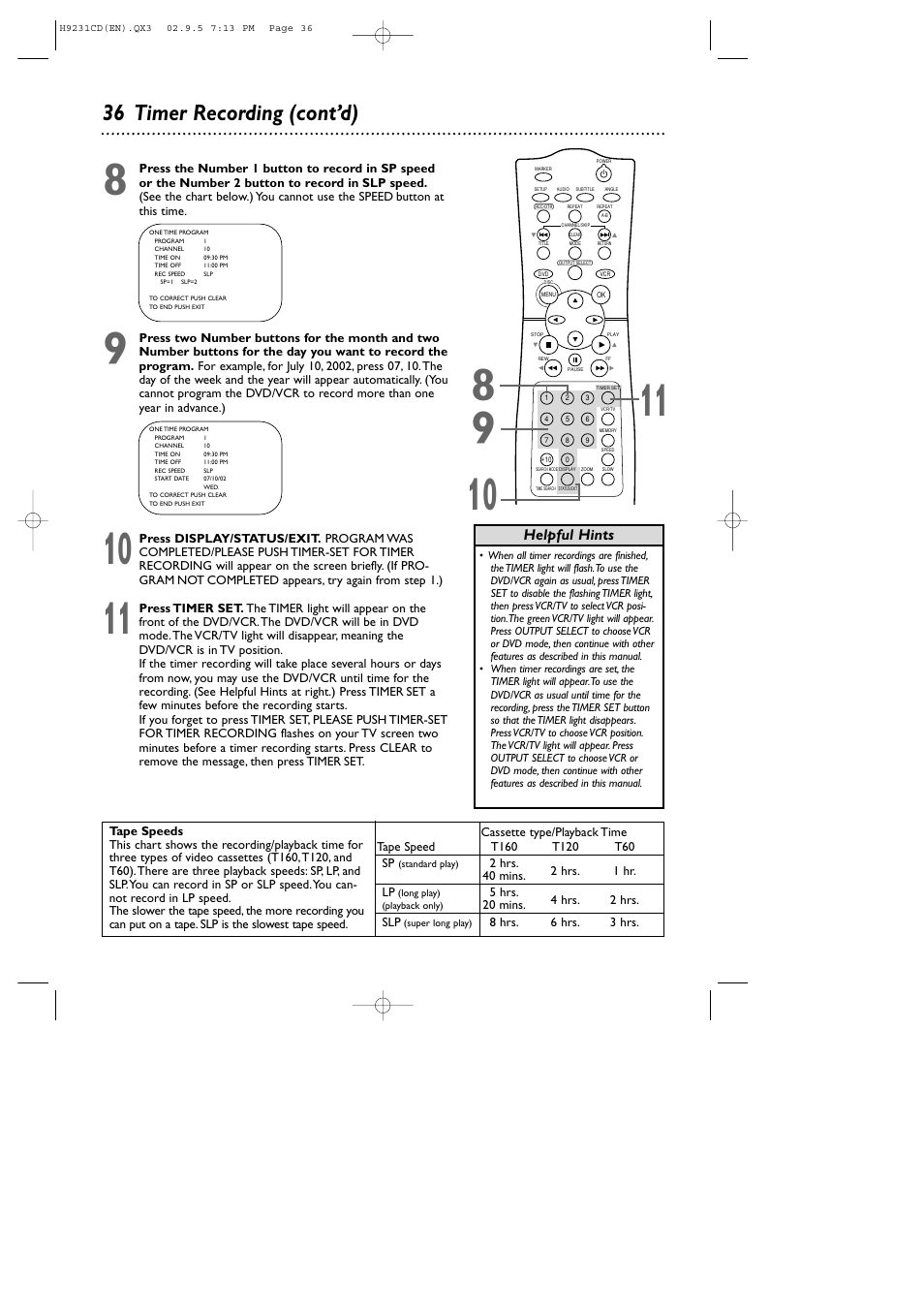 36 timer recording (cont’d), Helpful hints | Philips DVD741VR User Manual | Page 36 / 80