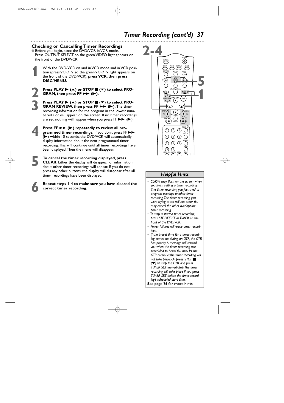 Timer recording (cont’d) 37 | Philips DVD741VR User Manual | Page 37 / 80