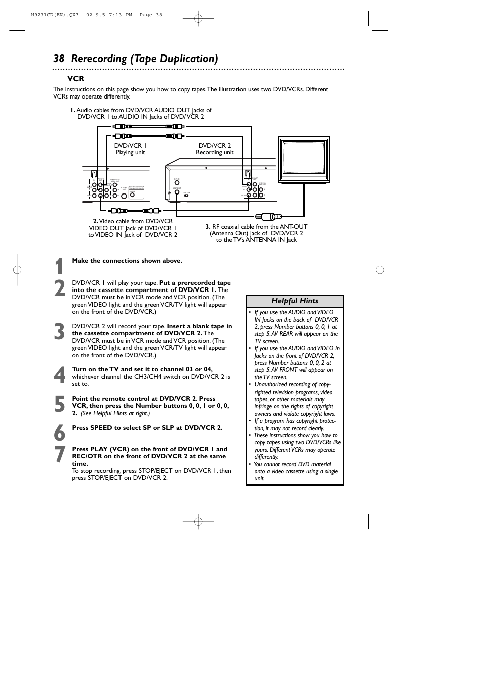 38 rerecording (tape duplication) | Philips DVD741VR User Manual | Page 38 / 80