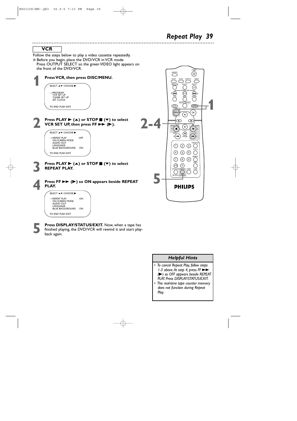 Repeat play 39, Helpful hints | Philips DVD741VR User Manual | Page 39 / 80