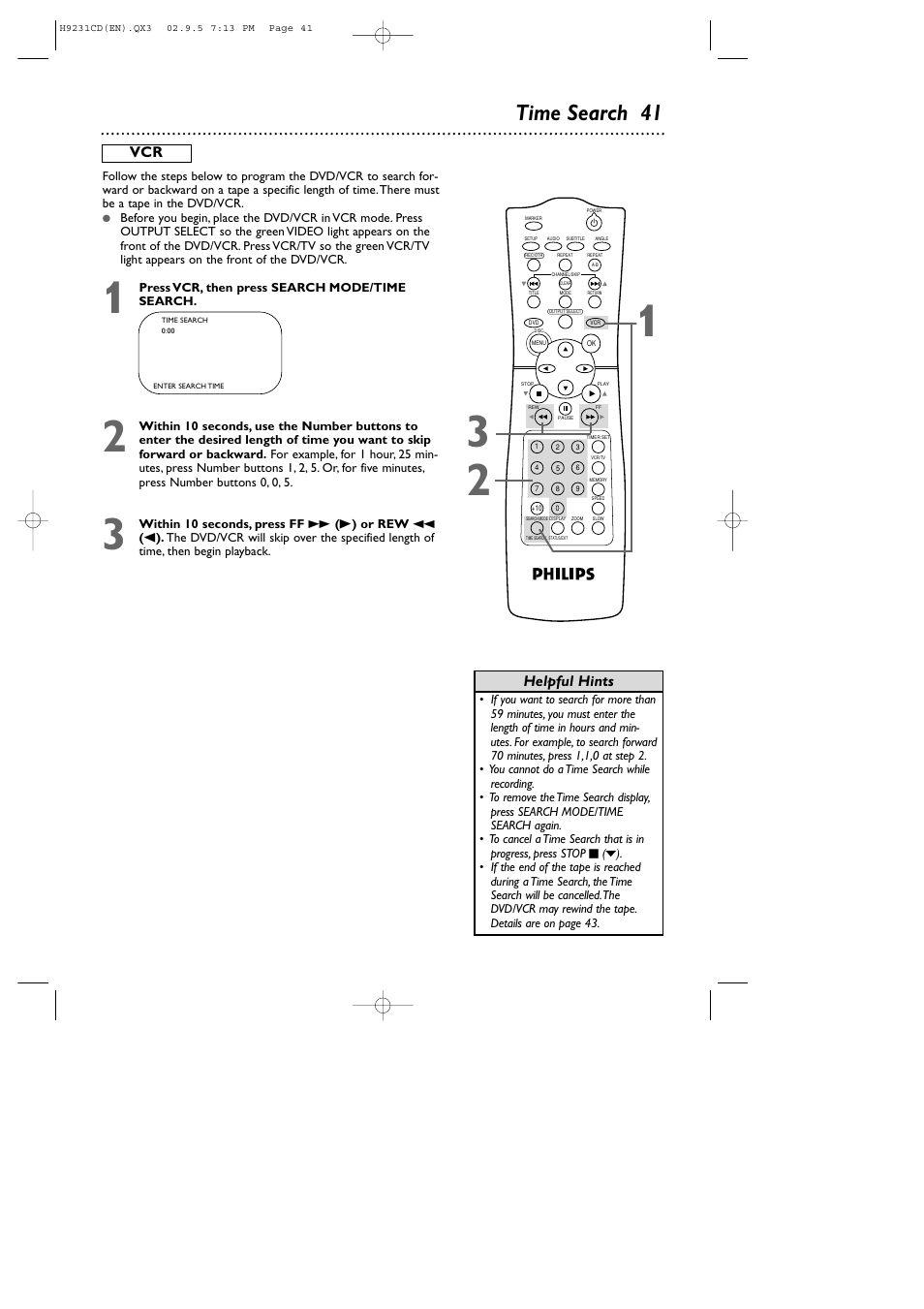 Time search 41, Helpful hints | Philips DVD741VR User Manual | Page 41 / 80