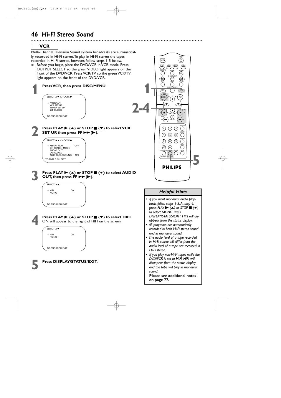 46 hi-fi stereo sound, Helpful hints | Philips DVD741VR User Manual | Page 46 / 80