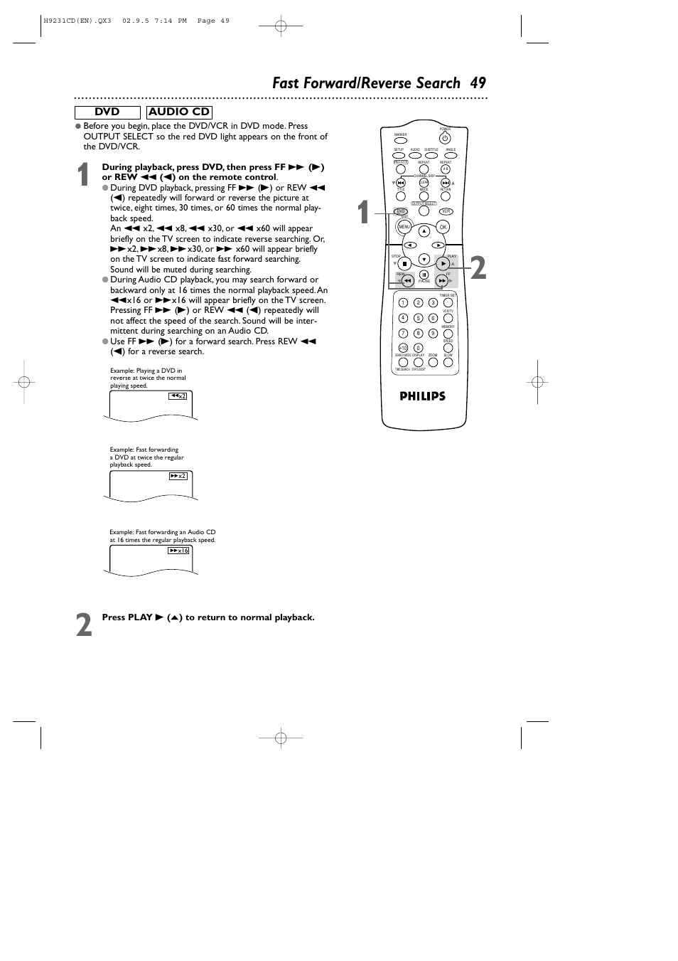 Fast forward/reverse search 49, Dvd audio cd | Philips DVD741VR User Manual | Page 49 / 80