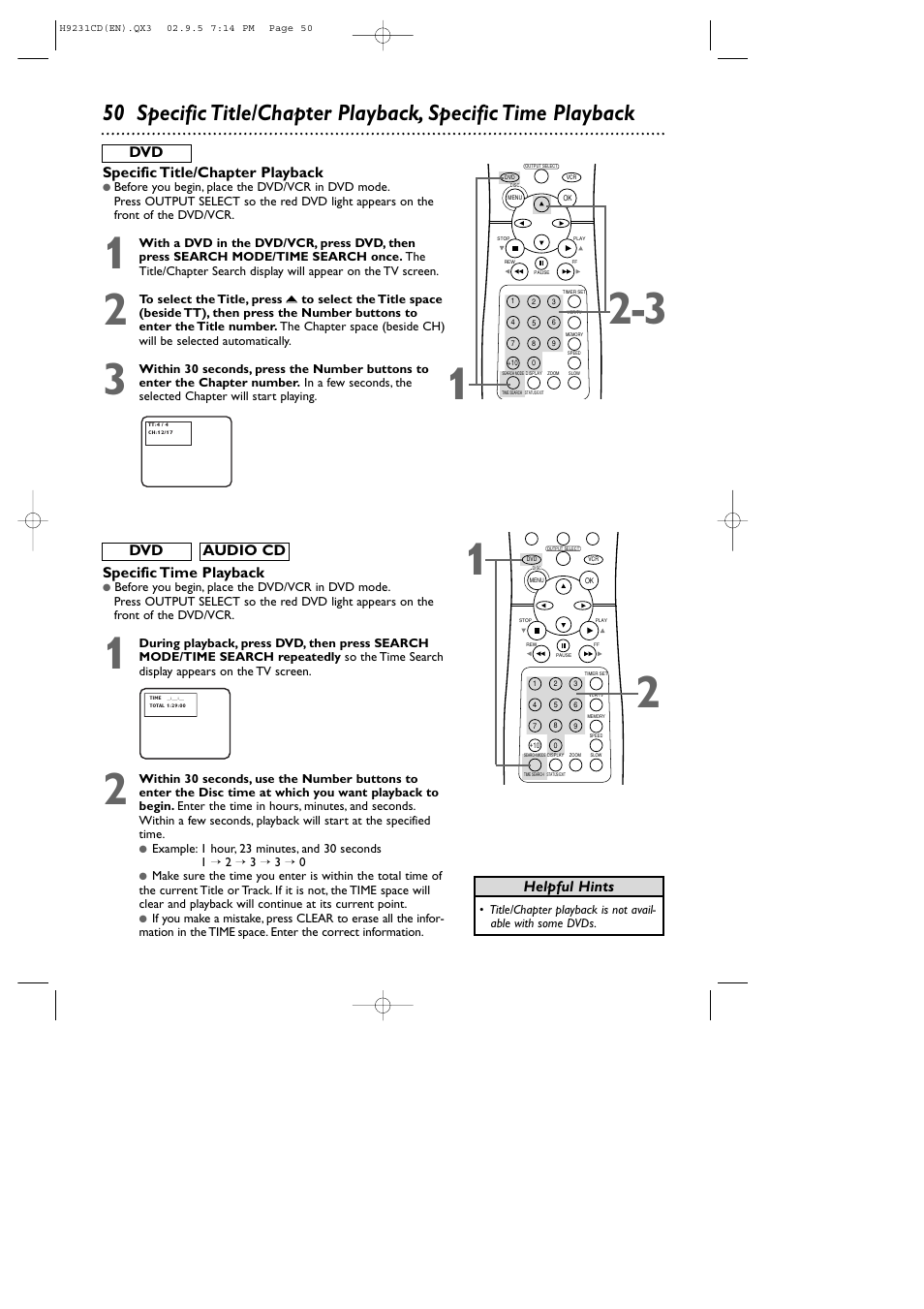 Specific time playback, Specific title/chapter playback, Helpful hints | Dvd audio cd dvd | Philips DVD741VR User Manual | Page 50 / 80