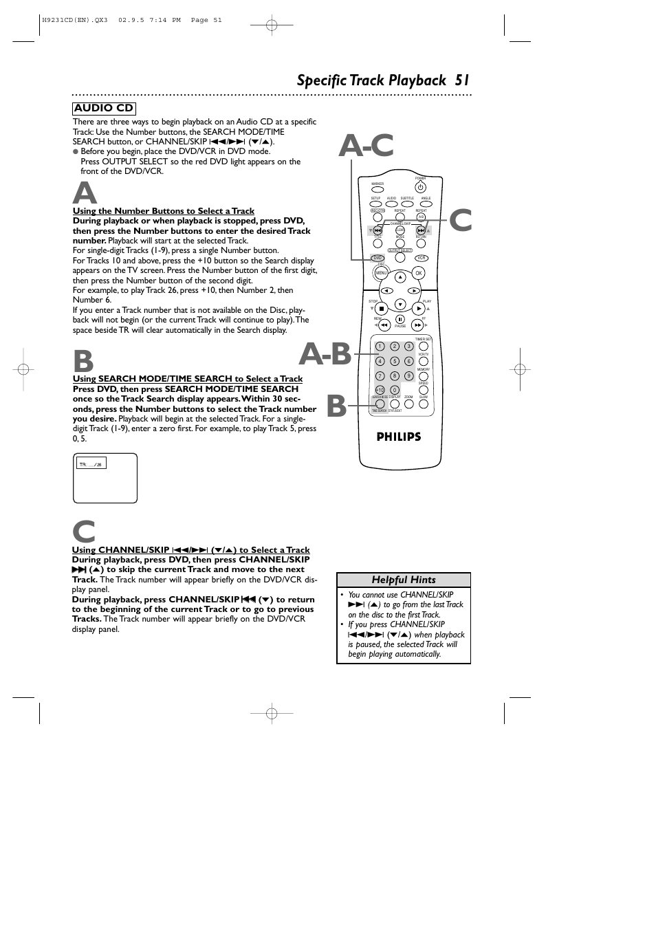 Bc a-c, Specific track playback 51 | Philips DVD741VR User Manual | Page 51 / 80