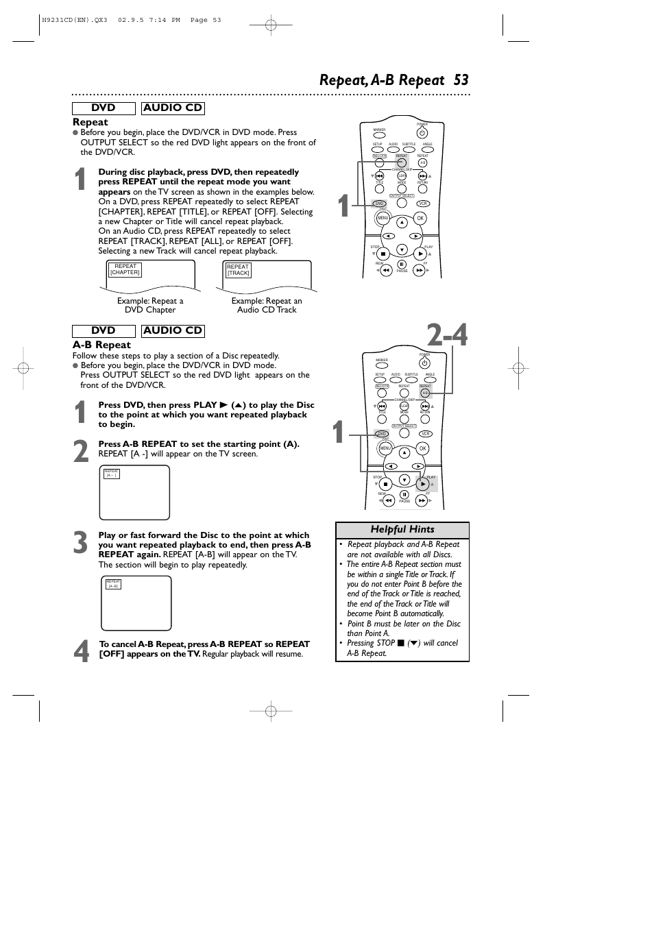 Repeat, a-b repeat 53, Helpful hints repeat, Dvd audio cd | A-b repeat | Philips DVD741VR User Manual | Page 53 / 80