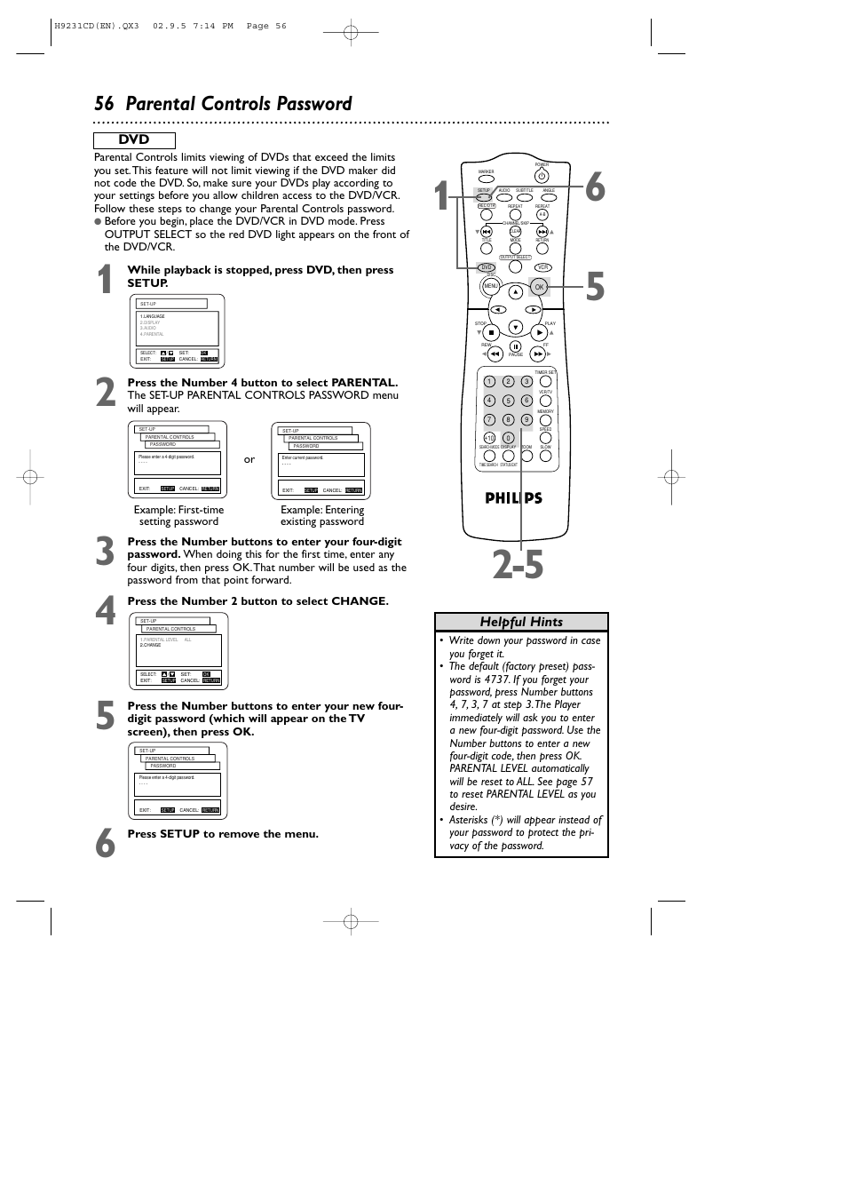 56 parental controls password, Helpful hints dvd | Philips DVD741VR User Manual | Page 56 / 80