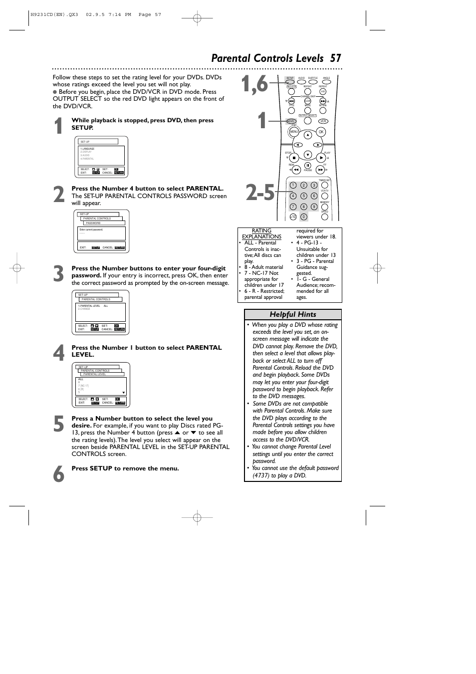 Parental controls levels 57, Helpful hints | Philips DVD741VR User Manual | Page 57 / 80