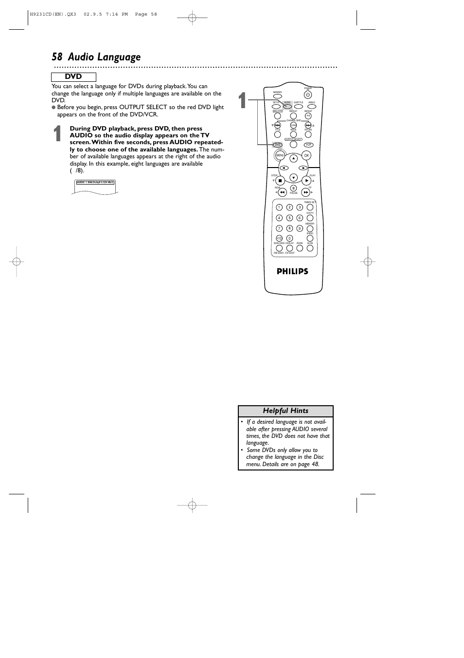 58 audio language, Helpful hints | Philips DVD741VR User Manual | Page 58 / 80