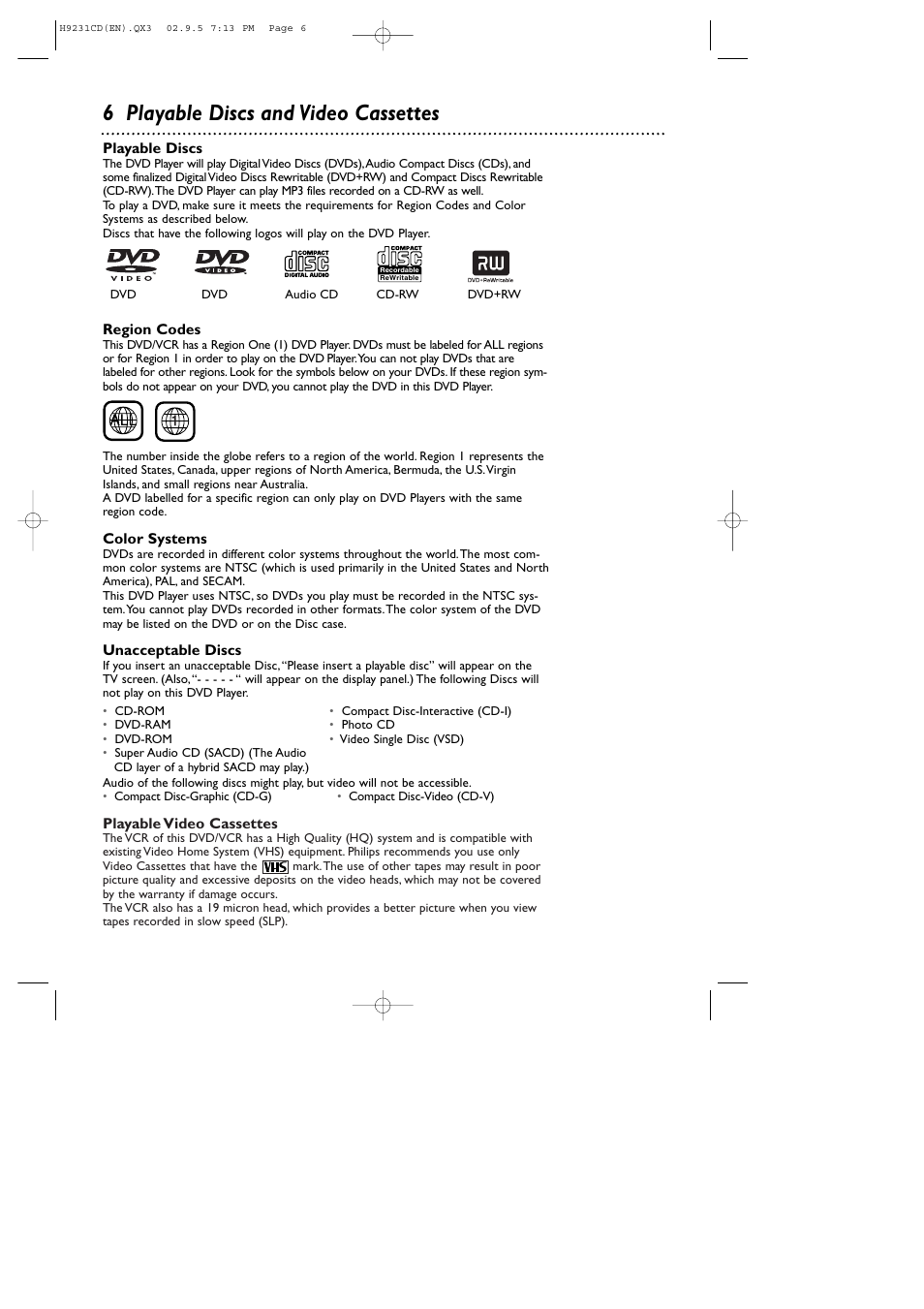 6 playable discs and video cassettes | Philips DVD741VR User Manual | Page 6 / 80