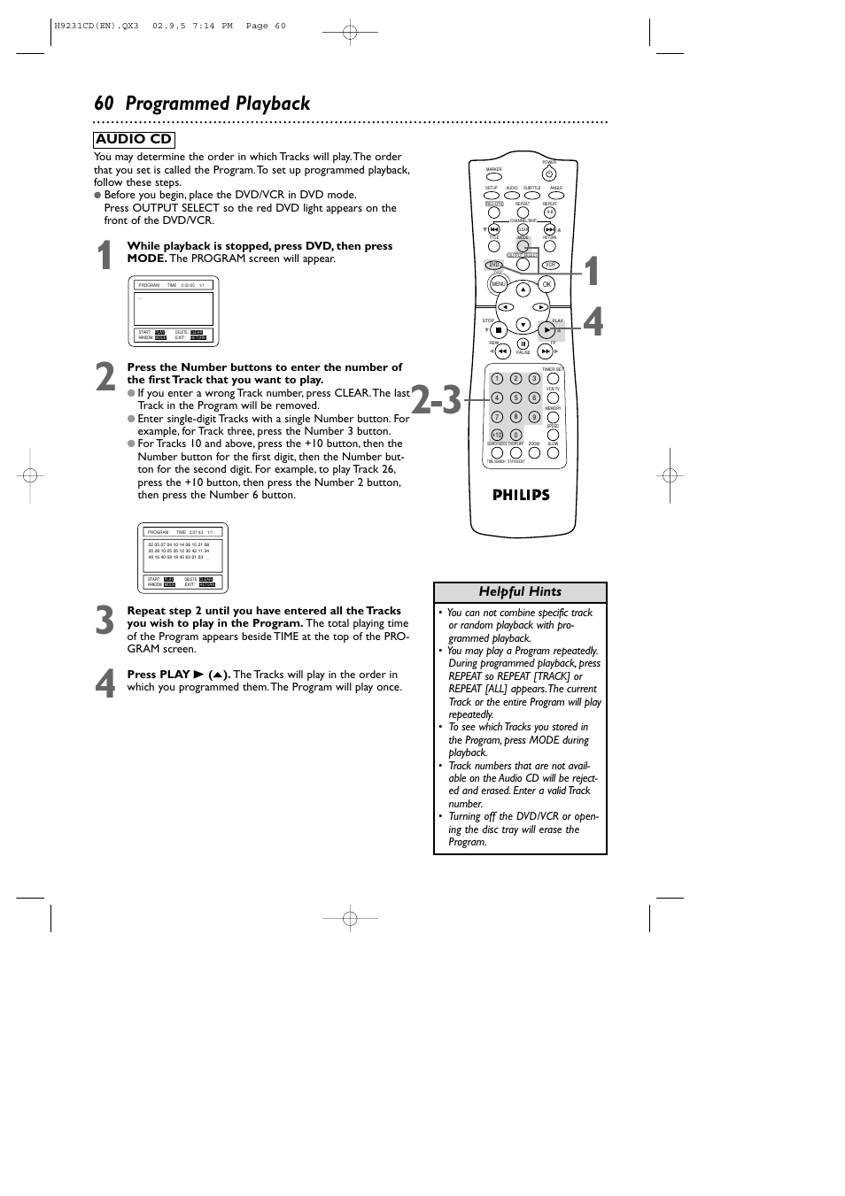 60 programmed playback, Helpful hints, Audio cd | Philips DVD741VR User Manual | Page 60 / 80