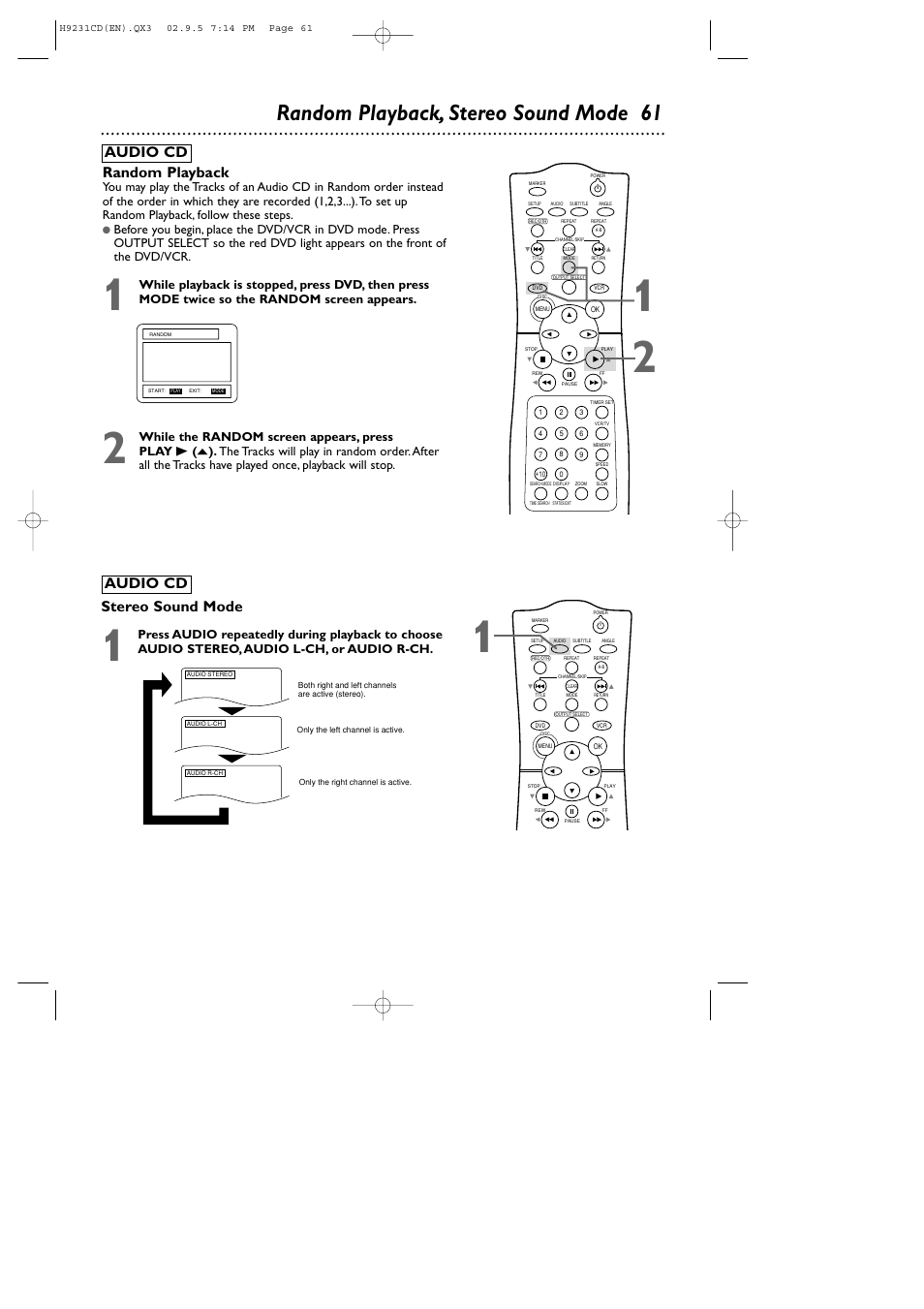 Random playback, stereo sound mode 61, Random playback, Audio cd | Stereo sound mode | Philips DVD741VR User Manual | Page 61 / 80