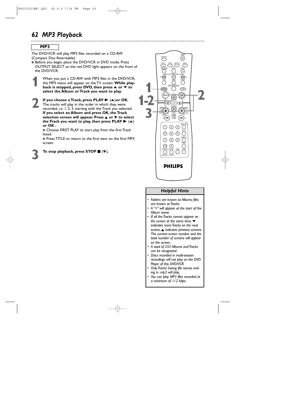 62 mp3 playback | Philips DVD741VR User Manual | Page 62 / 80