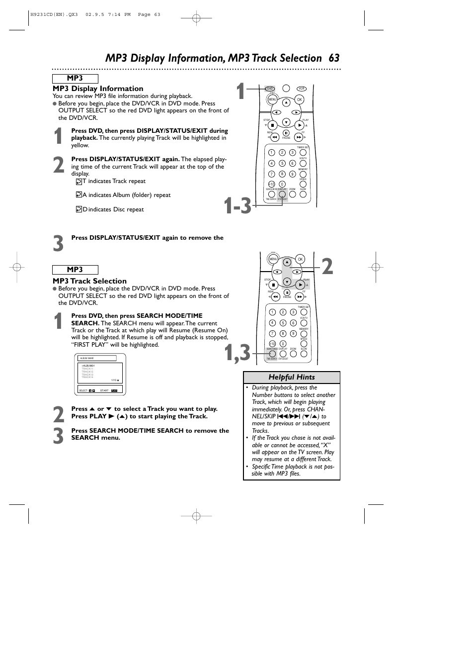 Mp3 display information, mp3 track selection 63 | Philips DVD741VR User Manual | Page 63 / 80