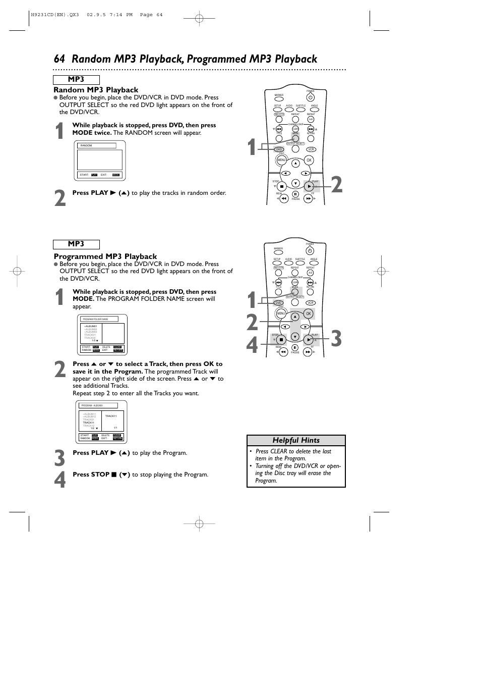 64 random mp3 playback, programmed mp3 playback, Helpful hints programmed mp3 playback, Random mp3 playback | Philips DVD741VR User Manual | Page 64 / 80