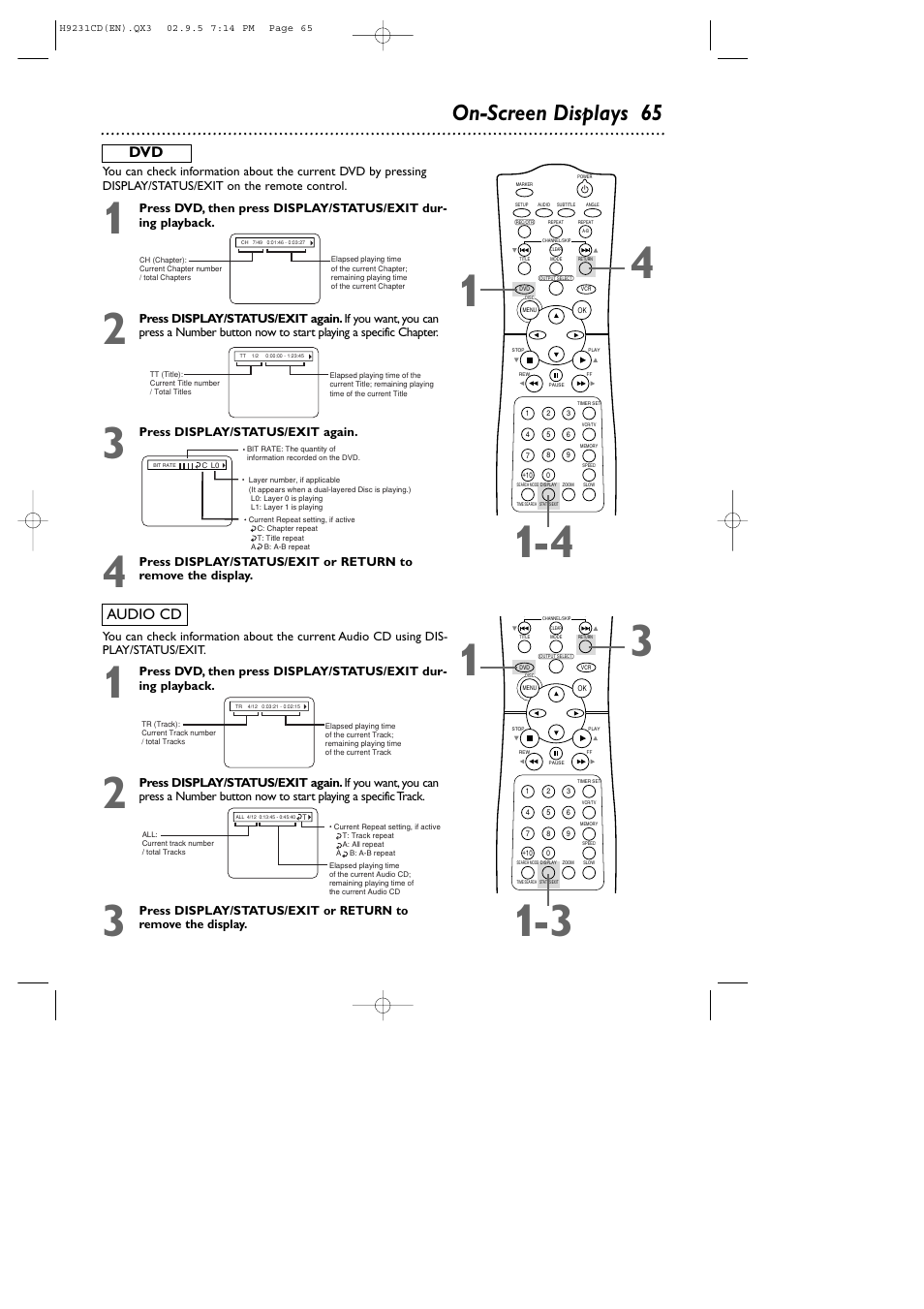 On-screen displays 65, Audio cd | Philips DVD741VR User Manual | Page 65 / 80