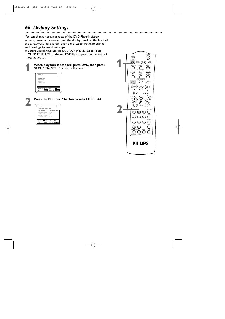 66 display settings, Press the number 2 button to select display | Philips DVD741VR User Manual | Page 66 / 80