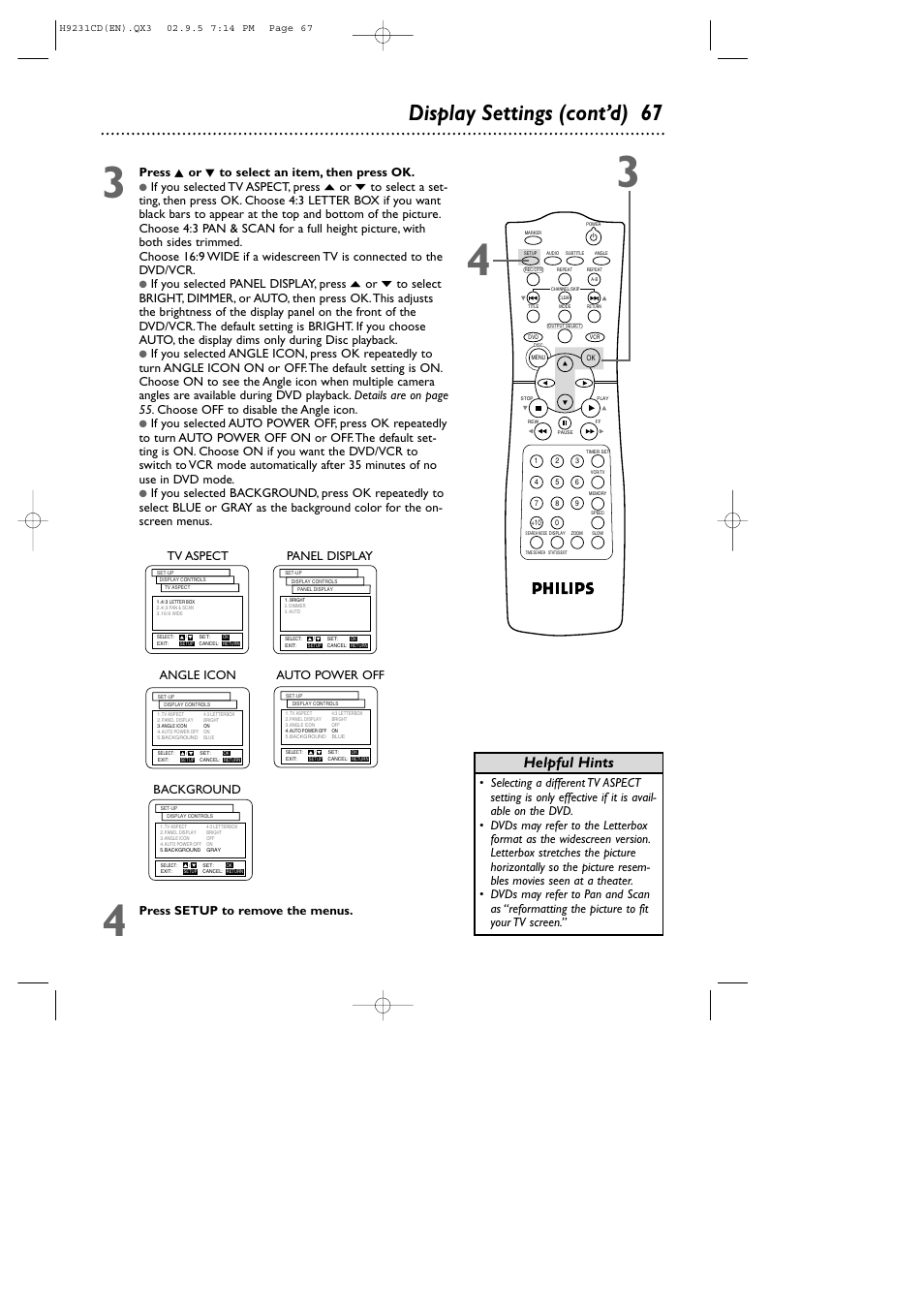 Display settings (cont’d) 67, Helpful hints, Press k or l to select an item, then press ok | Press setup to remove the menus | Philips DVD741VR User Manual | Page 67 / 80