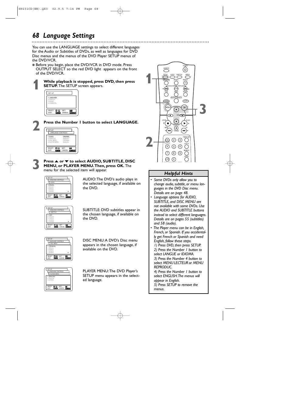 68 language settings, Helpful hints, Press the number 1 button to select language | Philips DVD741VR User Manual | Page 68 / 80