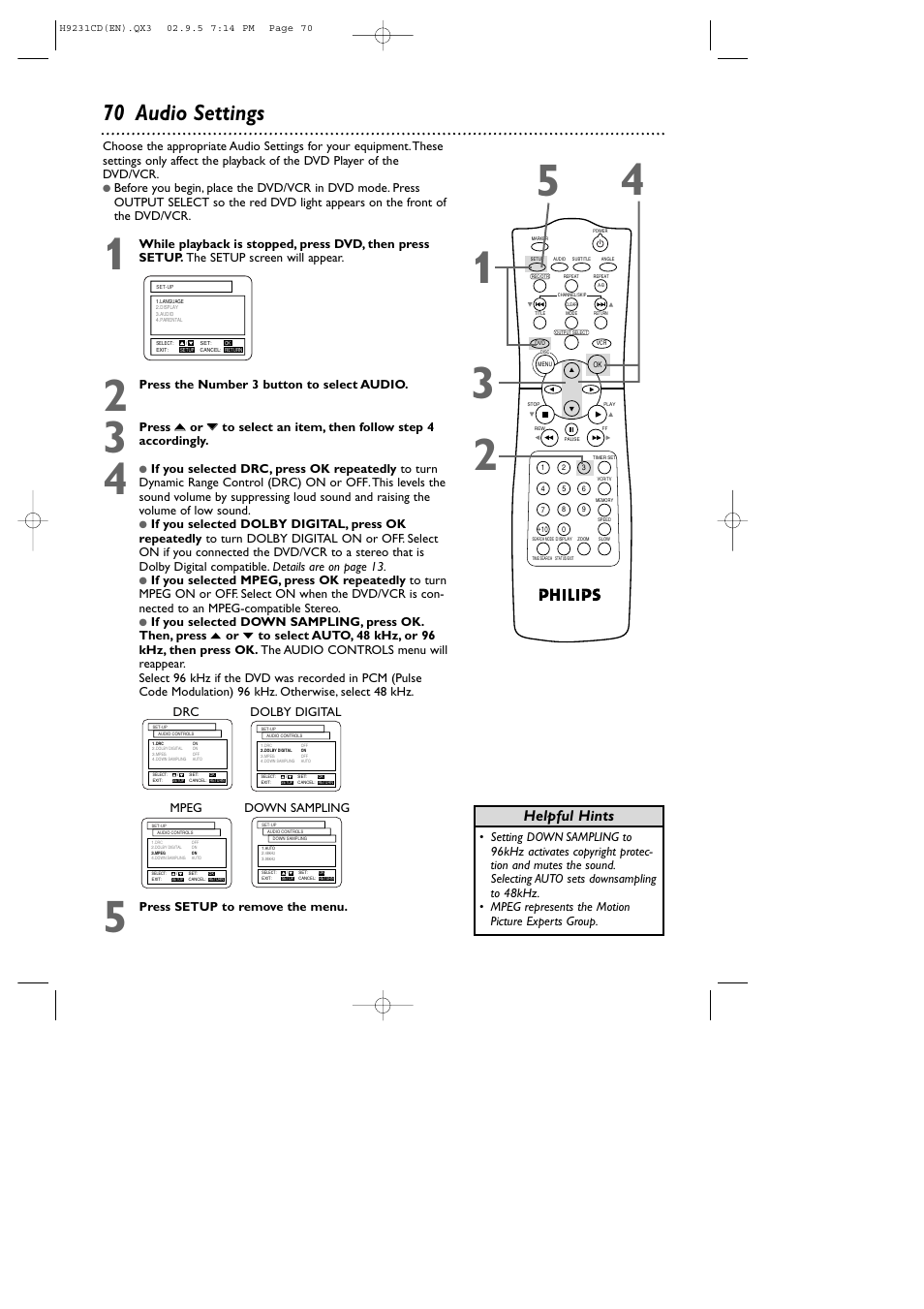 70 audio settings, Helpful hints, Press the number 3 button to select audio | Dolby digital, Drc mpeg, Down sampling | Philips DVD741VR User Manual | Page 70 / 80