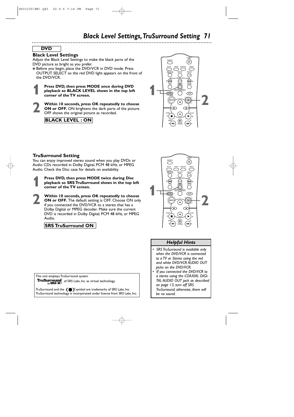 Black level settings,trusurround setting 71, Black level settings, Trusurround setting | Black level : on srs trusurround on, Helpful hints | Philips DVD741VR User Manual | Page 71 / 80