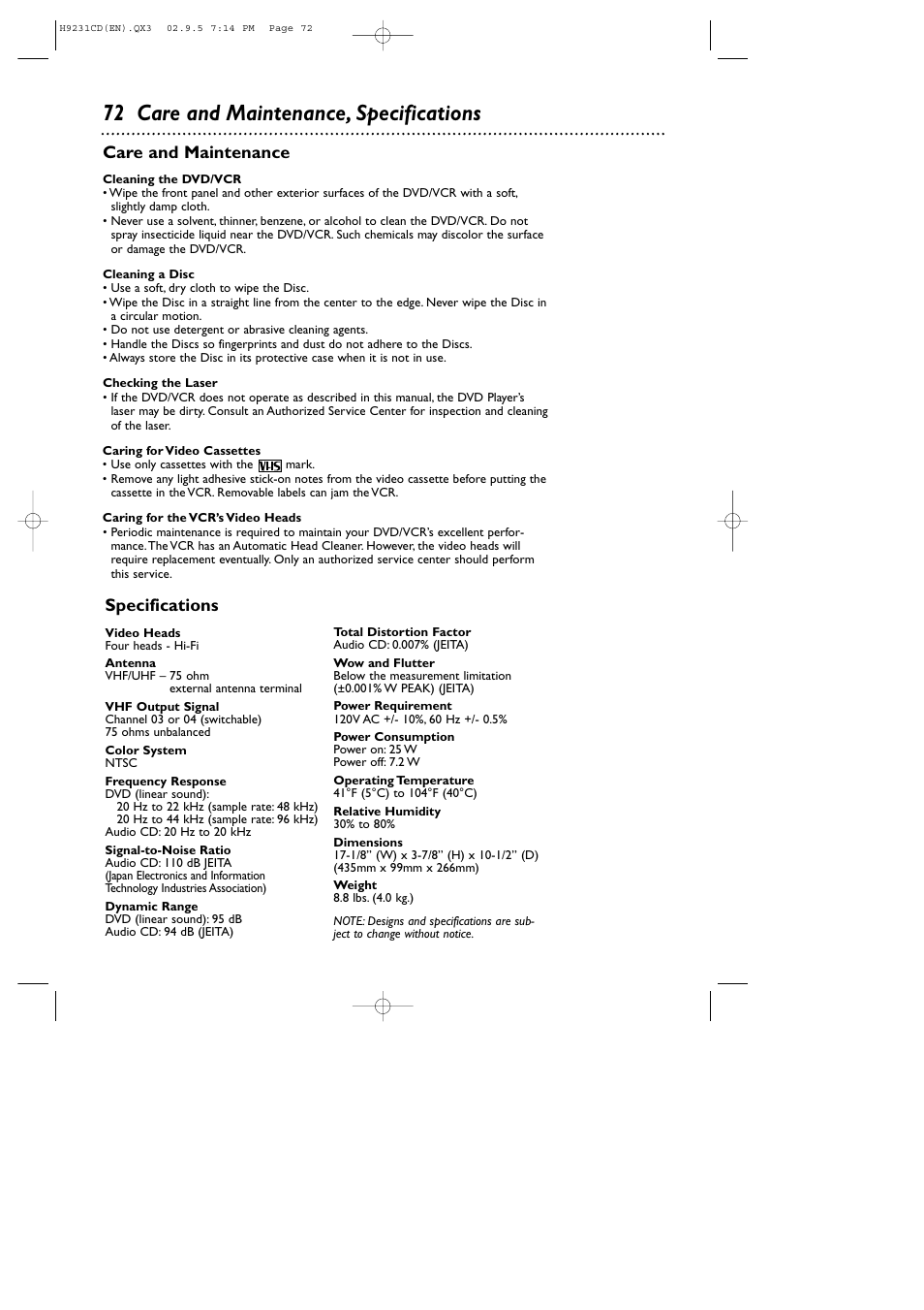 72 care and maintenance, specifications, Care and maintenance, Specifications | Philips DVD741VR User Manual | Page 72 / 80