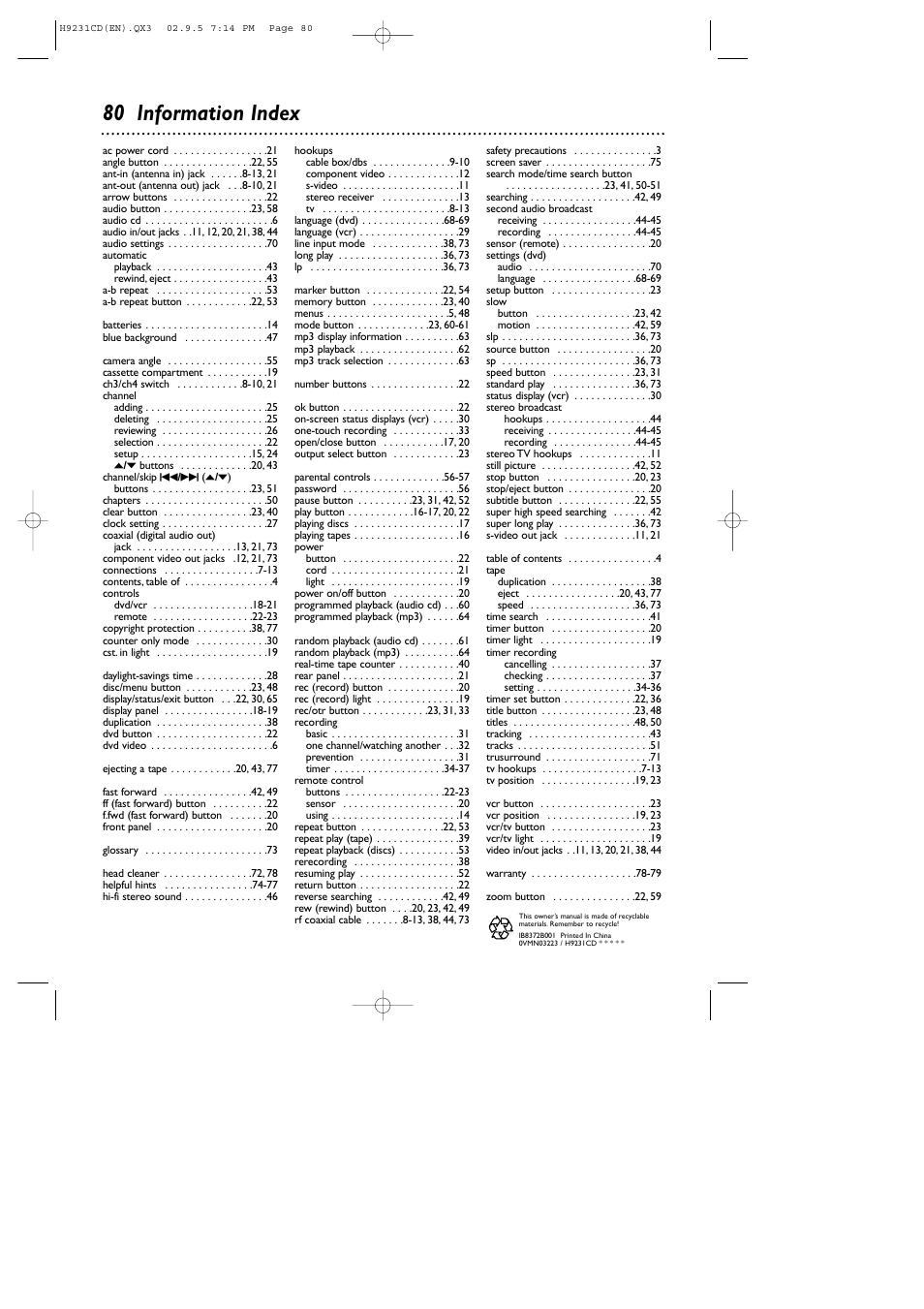 80 information index | Philips DVD741VR User Manual | Page 80 / 80