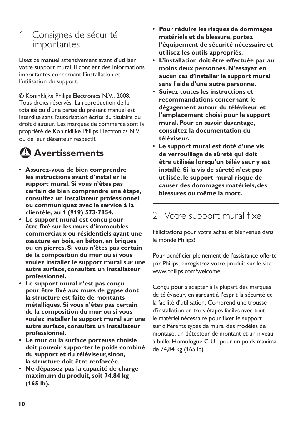 1 consignes de sécurité importantes, 2 votre support mural fixe, Avertissements | Philips SQM5232 User Manual | Page 10 / 23